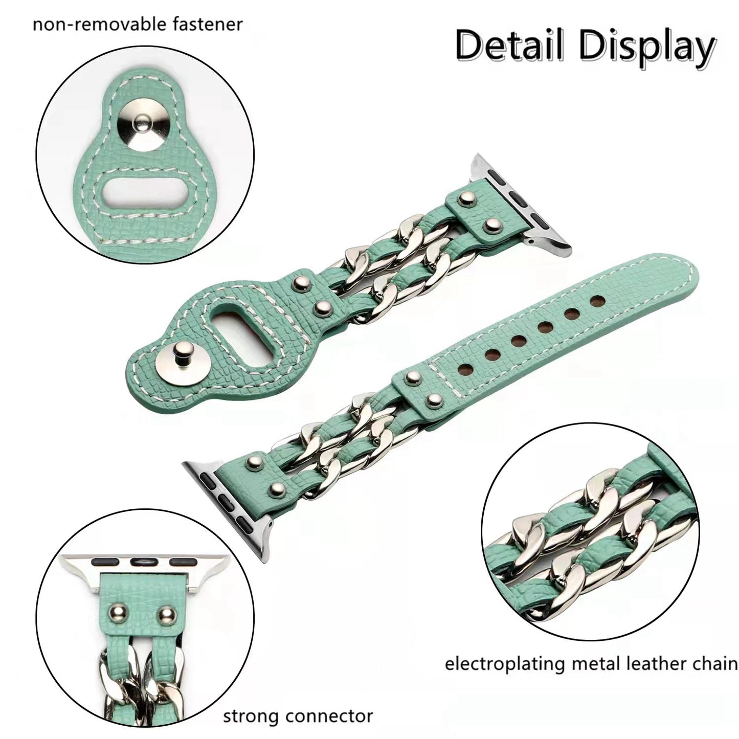 for Apple Watch Ultra 49mm / Series 8 45mm / Series 7 45mm / SE 44mm / SE (2022) 44mm / Series 4 / 5 / 6 44mm / Series 1 / 2 / 3 42mm Top Layer Cowhide Leather Metal Chain Watch Band Wrist Strap - Light Green