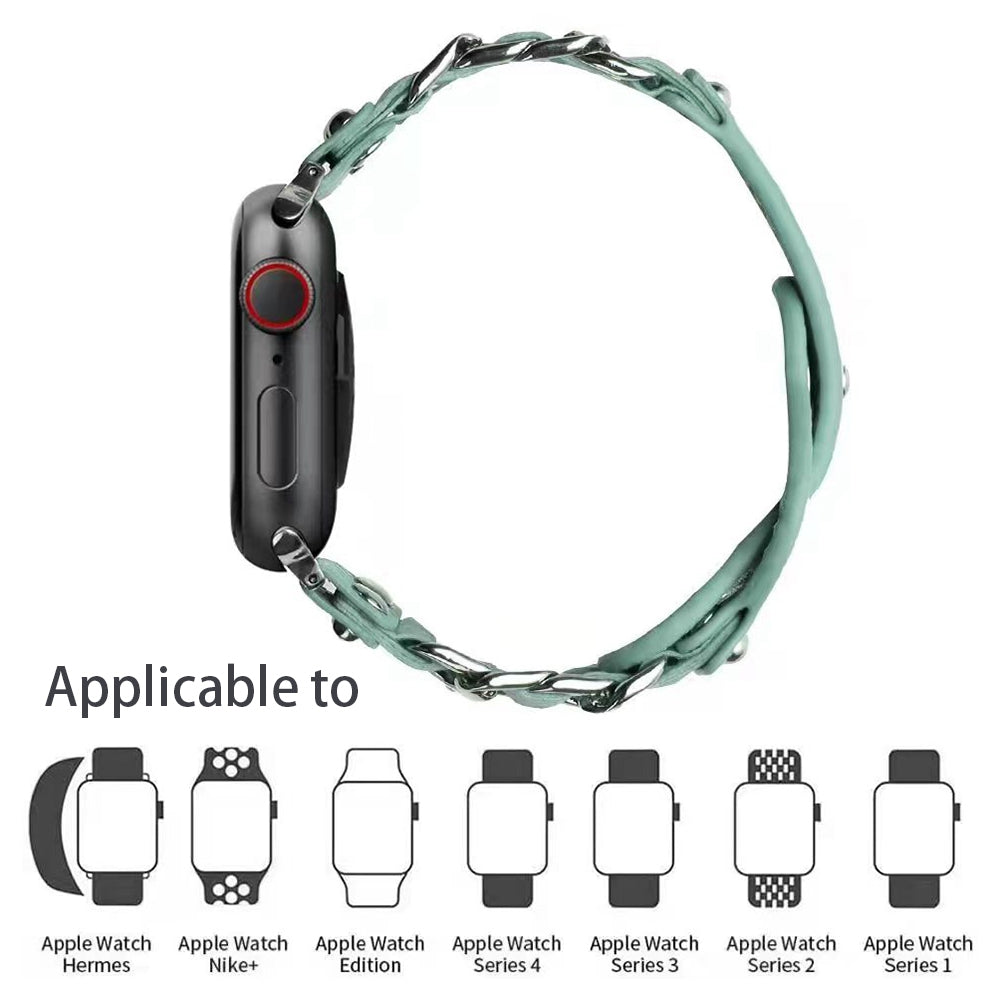 for Apple Watch Ultra 49mm / Series 8 45mm / Series 7 45mm / SE 44mm / SE (2022) 44mm / Series 4 / 5 / 6 44mm / Series 1 / 2 / 3 42mm Top Layer Cowhide Leather Metal Chain Watch Band Wrist Strap - Light Green