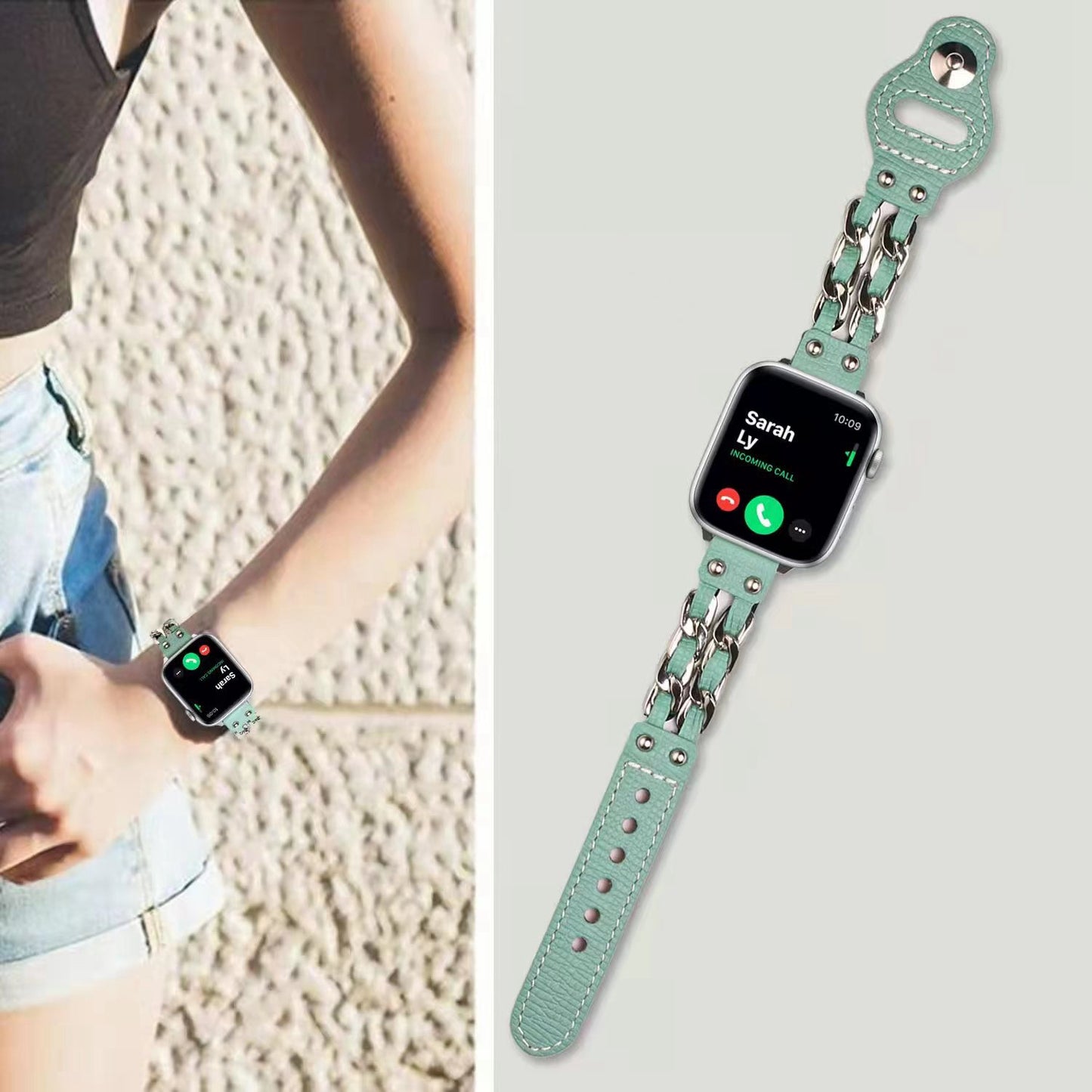 for Apple Watch Ultra 49mm / Series 8 45mm / Series 7 45mm / SE 44mm / SE (2022) 44mm / Series 4 / 5 / 6 44mm / Series 1 / 2 / 3 42mm Top Layer Cowhide Leather Metal Chain Watch Band Wrist Strap - Light Green