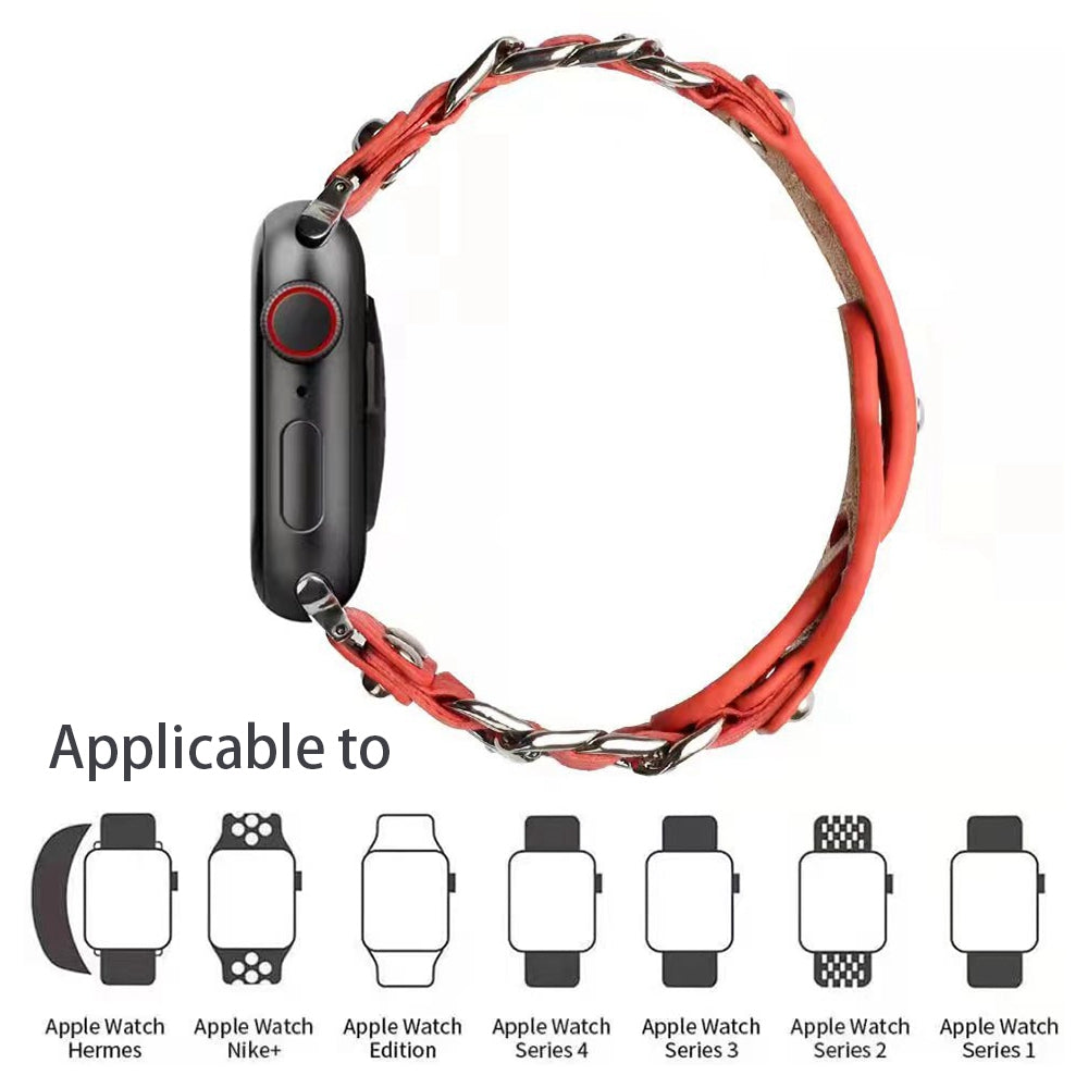 for Apple Watch Ultra 49mm / Series 8 45mm / Series 7 45mm / SE 44mm / SE (2022) 44mm / Series 4 / 5 / 6 44mm / Series 1 / 2 / 3 42mm Top Layer Cowhide Leather Metal Chain Watch Band Wrist Strap - Pink