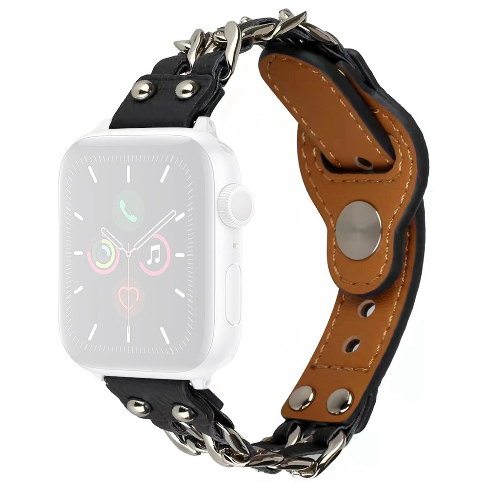 for Apple Watch Series 8 41mm / Series 7 41mm / SE / SE(2022) / Series 4 / 5 / 6 40mm / Series 1 / 2 / 3 38mm Metal Chain Watch Band Top Layer Cowhide Leather Replacement Wrist Strap - Black