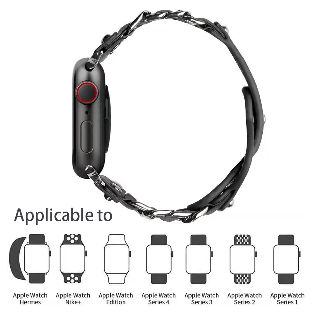 for Apple Watch Series 8 41mm / Series 7 41mm / SE / SE(2022) / Series 4 / 5 / 6 40mm / Series 1 / 2 / 3 38mm Metal Chain Watch Band Top Layer Cowhide Leather Replacement Wrist Strap - Black