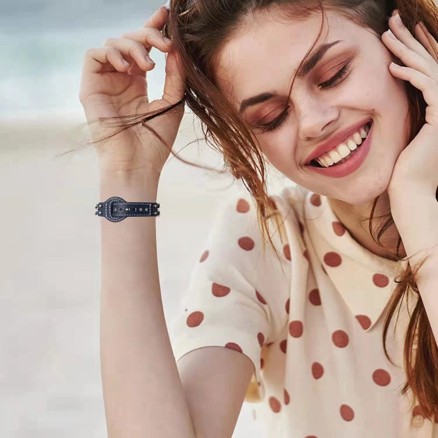 for Apple Watch Series 8 41mm / Series 7 41mm / SE / SE(2022) / Series 4 / 5 / 6 40mm / Series 1 / 2 / 3 38mm Metal Chain Watch Band Top Layer Cowhide Leather Replacement Wrist Strap - Blue