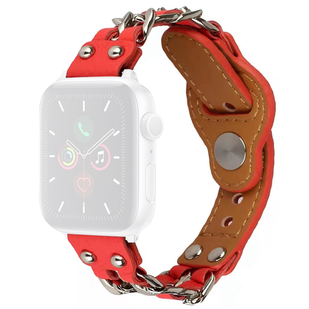 for Apple Watch Series 8 41mm / Series 7 41mm / SE / SE(2022) / Series 4 / 5 / 6 40mm / Series 1 / 2 / 3 38mm Metal Chain Watch Band Top Layer Cowhide Leather Replacement Wrist Strap - Pink