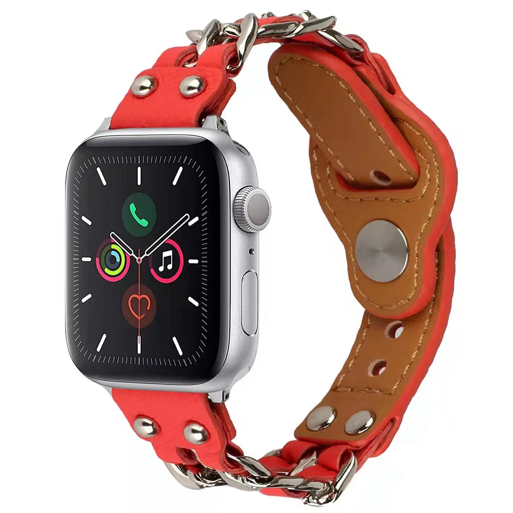 for Apple Watch Series 8 41mm / Series 7 41mm / SE / SE(2022) / Series 4 / 5 / 6 40mm / Series 1 / 2 / 3 38mm Metal Chain Watch Band Top Layer Cowhide Leather Replacement Wrist Strap - Pink