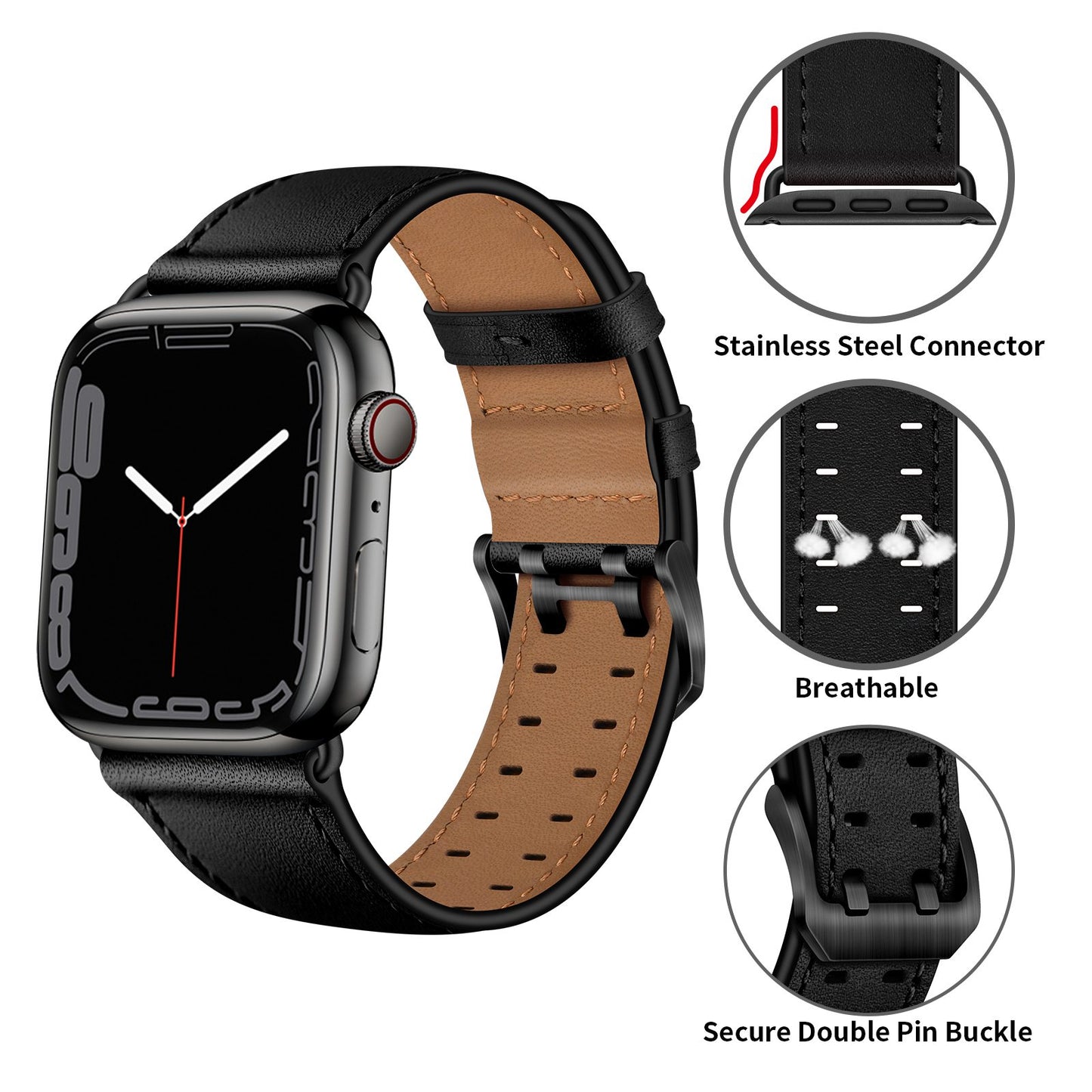 for Apple Watch Series 8 41mm / Series 7 41mm / Series 6 / 5 / 4 / SE / SE(2022) 40mm / Series 3 / 2 / 1 38mm Watch Band Genuine Leather Strap with Stainless Steel Buckle Clasp - Black
