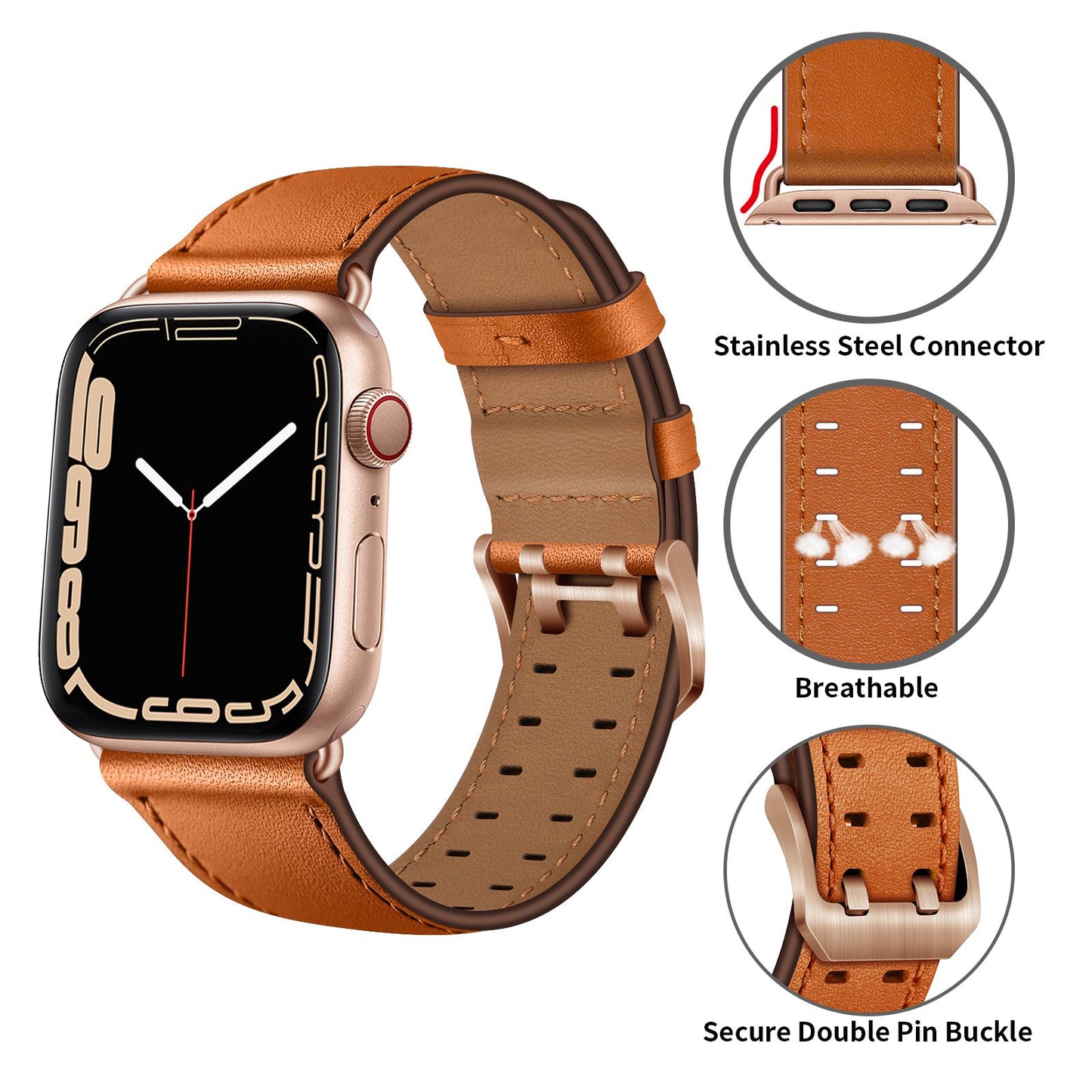 for Apple Watch Series 8 41mm / Series 7 41mm / Series 6 / 5 / 4 / SE / SE(2022) 40mm / Series 3 / 2 / 1 38mm Watch Band Genuine Leather Strap with Stainless Steel Buckle Clasp - Brown / Rose Gold Buckle