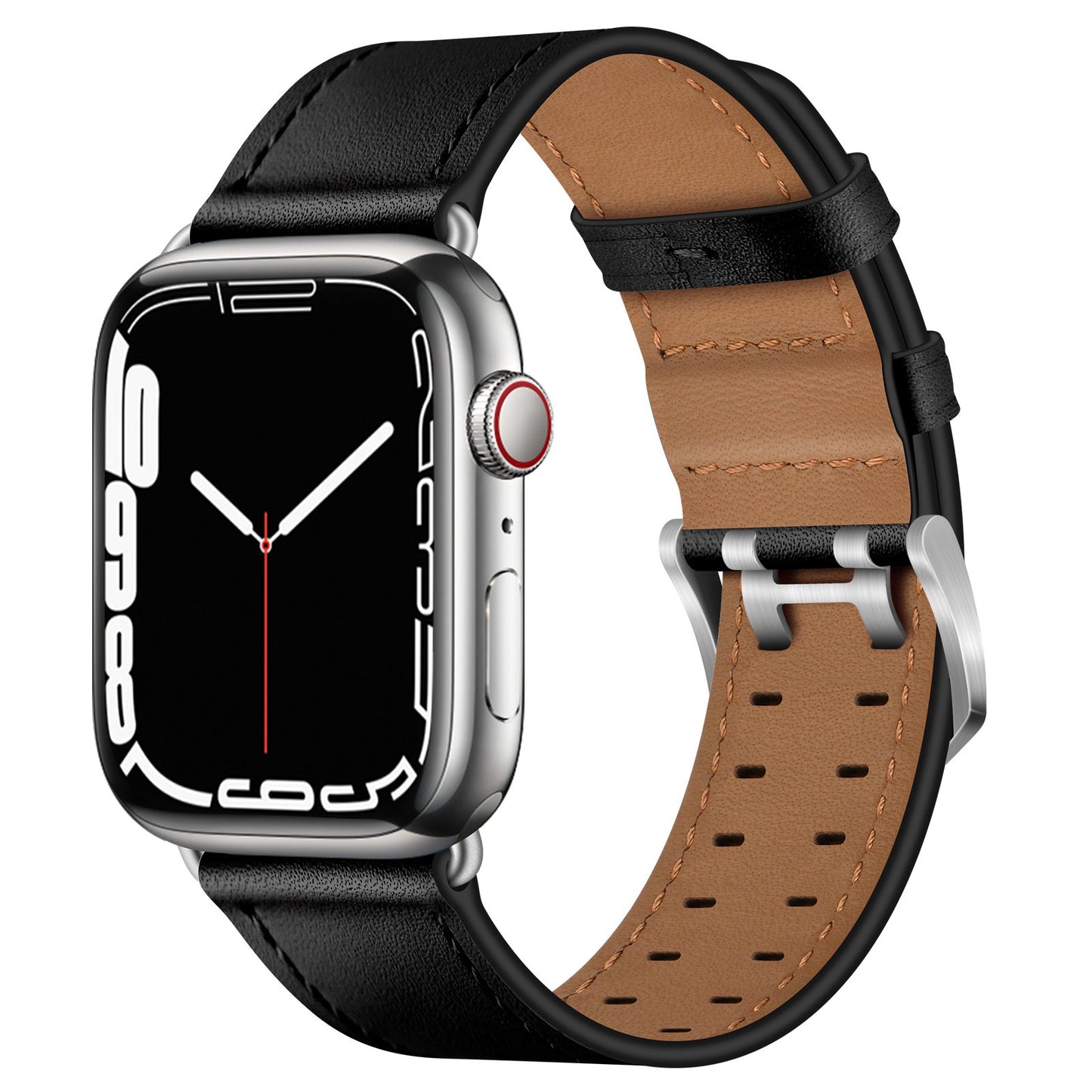 for Apple Watch Ultra 49mm / Series 8 45mm / Series 7 45mm / Series 6 / 5 / 4 / SE 44mm / SE (2022) 44mm / SE 44mm / Series 3 / 2 / 1 42mm Genuine Leather Watch Band Quick Release Strap Replacement - Black / Silver Buckle