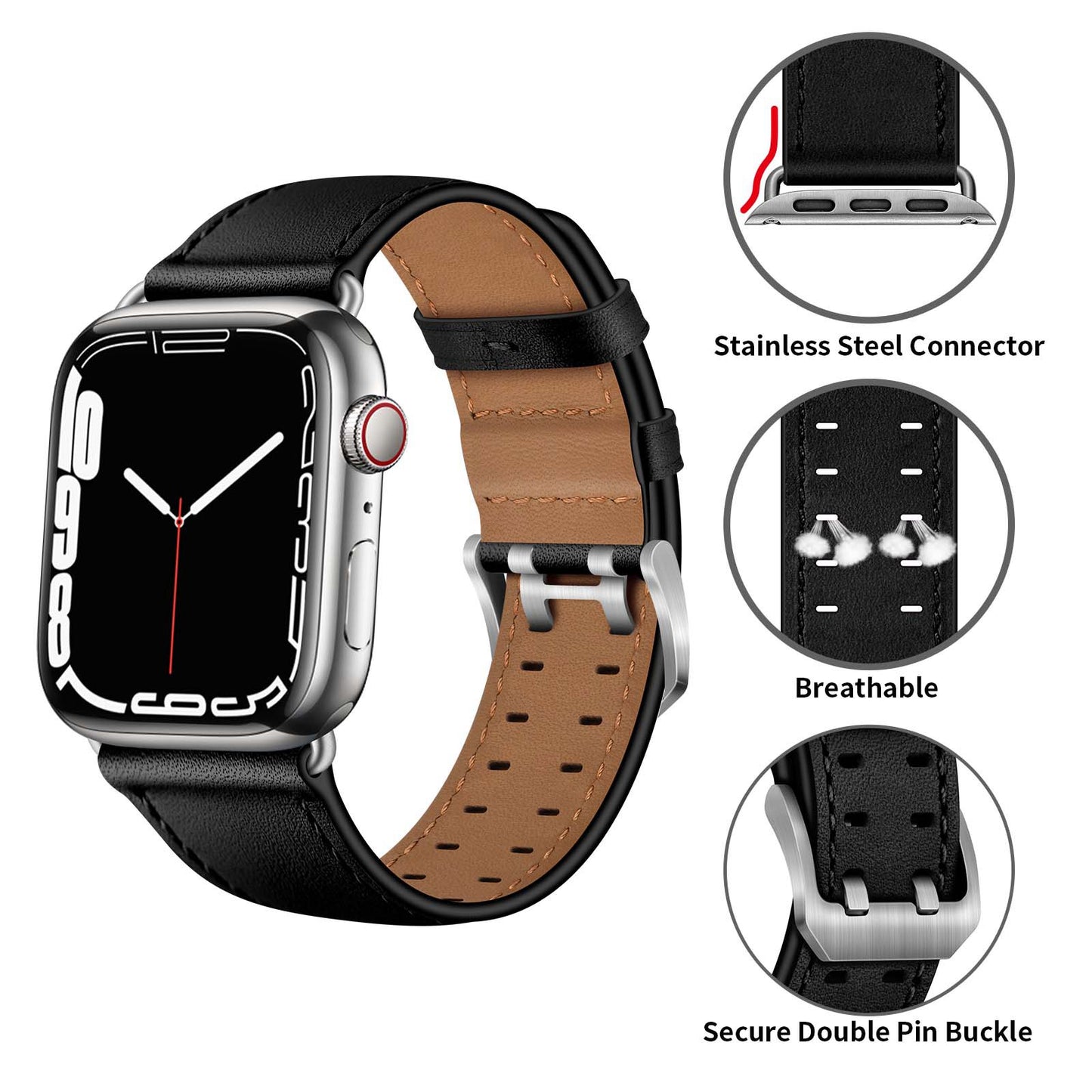 for Apple Watch Ultra 49mm / Series 8 45mm / Series 7 45mm / Series 6 / 5 / 4 / SE 44mm / SE (2022) 44mm / SE 44mm / Series 3 / 2 / 1 42mm Genuine Leather Watch Band Quick Release Strap Replacement - Black / Silver Buckle