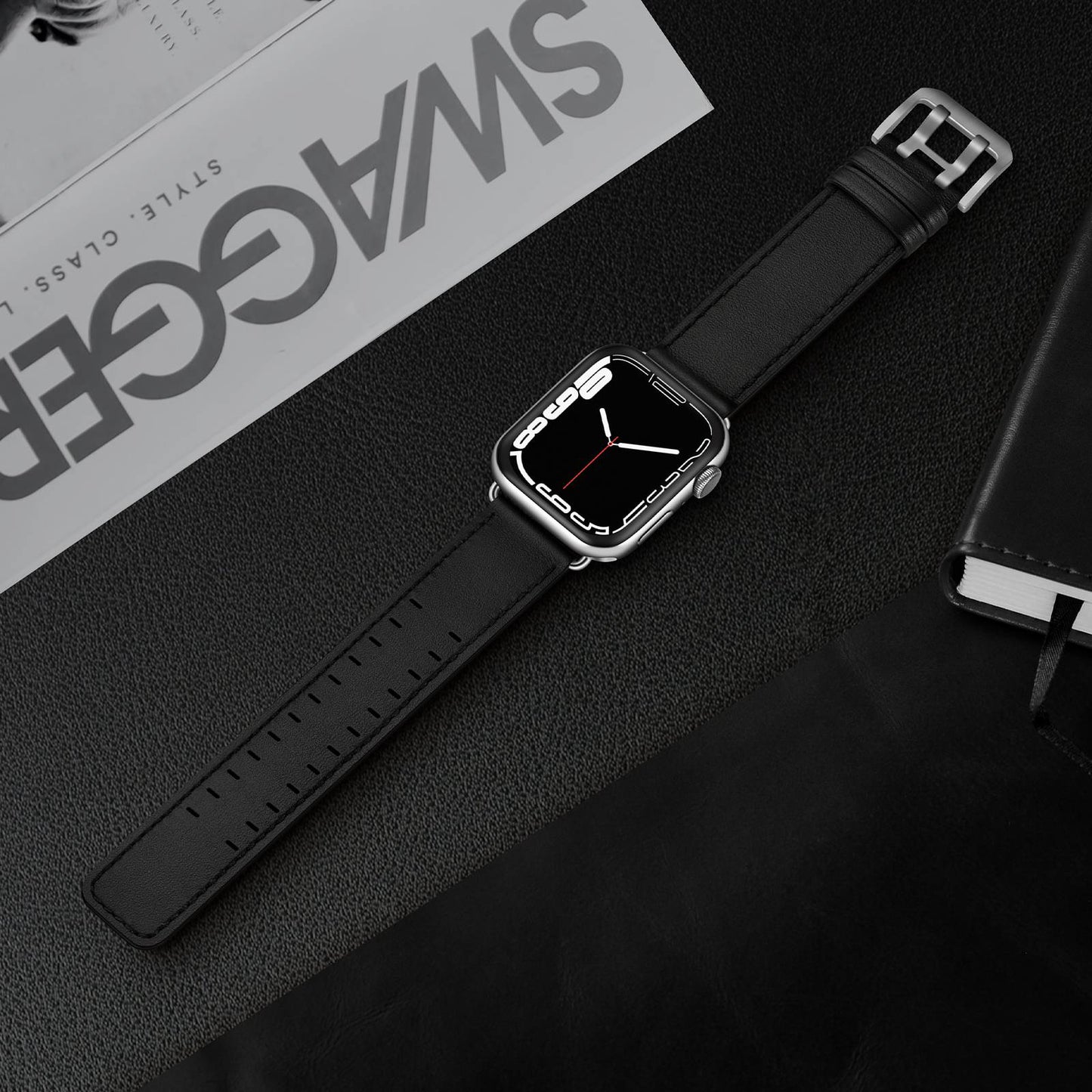 for Apple Watch Ultra 49mm / Series 8 45mm / Series 7 45mm / Series 6 / 5 / 4 / SE 44mm / SE (2022) 44mm / SE 44mm / Series 3 / 2 / 1 42mm Genuine Leather Watch Band Quick Release Strap Replacement - Black / Silver Buckle