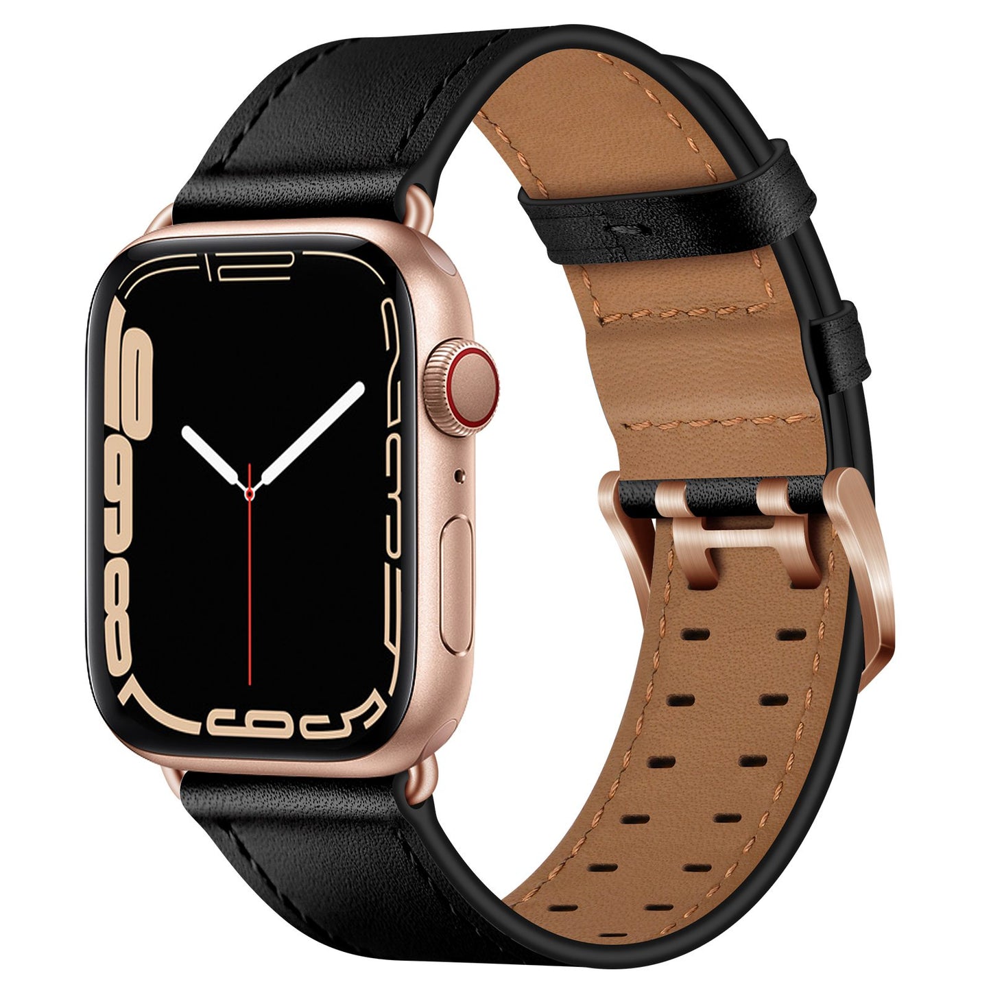 for Apple Watch Ultra 49mm / Series 8 45mm / Series 7 45mm / Series 6 / 5 / 4 / SE 44mm / SE (2022) 44mm / SE 44mm / Series 3 / 2 / 1 42mm Genuine Leather Watch Band Quick Release Strap Replacement - Black / Rose Gold Buckle