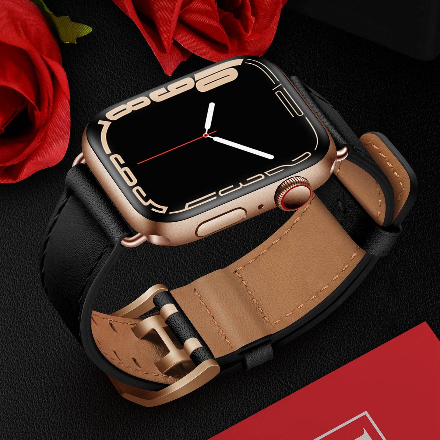 for Apple Watch Ultra 49mm / Series 8 45mm / Series 7 45mm / Series 6 / 5 / 4 / SE 44mm / SE (2022) 44mm / SE 44mm / Series 3 / 2 / 1 42mm Genuine Leather Watch Band Quick Release Strap Replacement - Black / Rose Gold Buckle