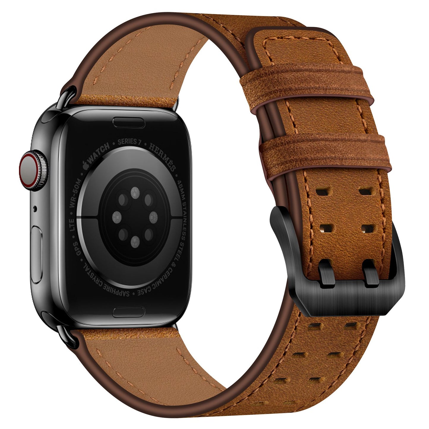 for Apple Watch Ultra 49mm / Series 8 45mm / Series 7 45mm / Series 6 / 5 / 4 / SE 44mm / SE (2022) 44mm / SE 44mm / Series 3 / 2 / 1 42mm Genuine Leather Watch Band Quick Release Strap Replacement - Red Brown
