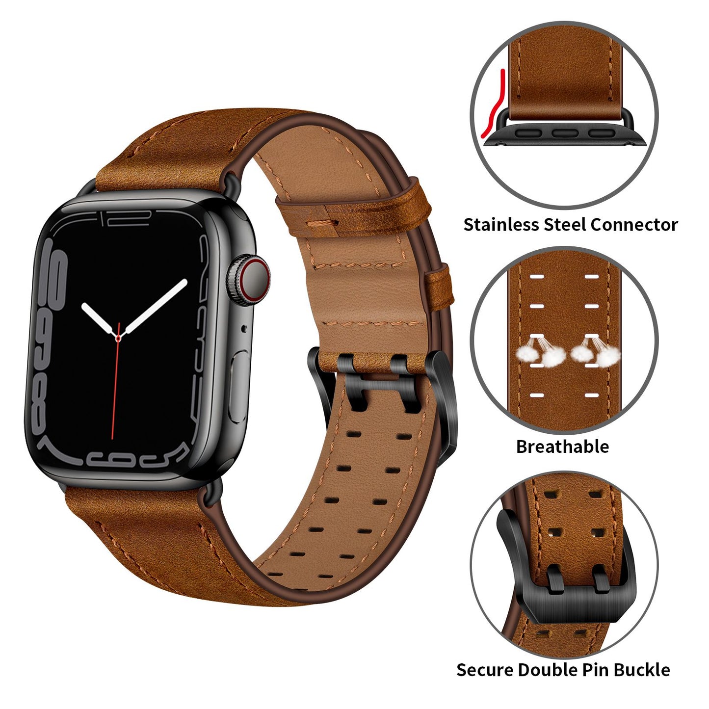 for Apple Watch Ultra 49mm / Series 8 45mm / Series 7 45mm / Series 6 / 5 / 4 / SE 44mm / SE (2022) 44mm / SE 44mm / Series 3 / 2 / 1 42mm Genuine Leather Watch Band Quick Release Strap Replacement - Red Brown