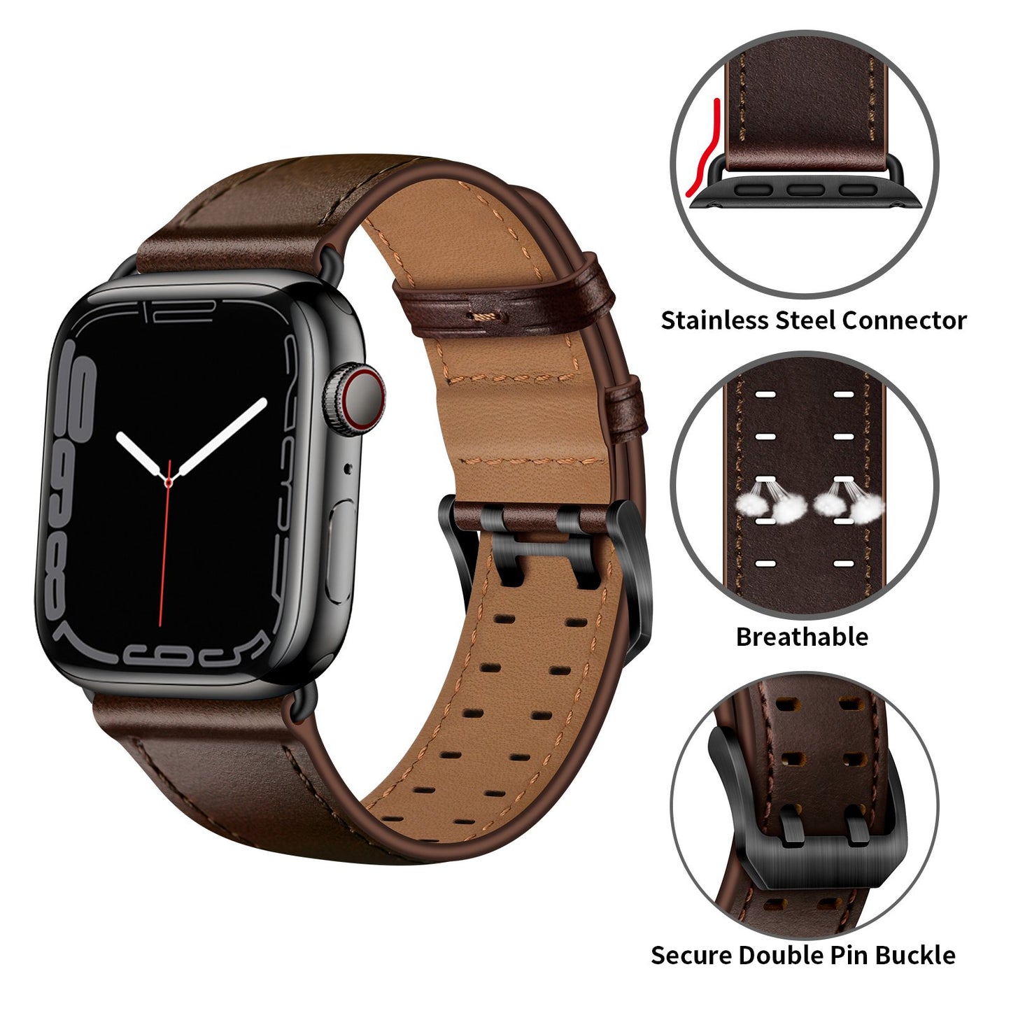for Apple Watch Ultra 49mm / Series 8 45mm / Series 7 45mm / Series 6 / 5 / 4 / SE 44mm / SE (2022) 44mm / SE 44mm / Series 3 / 2 / 1 42mm Genuine Leather Watch Band Quick Release Strap Replacement - Dark Brown