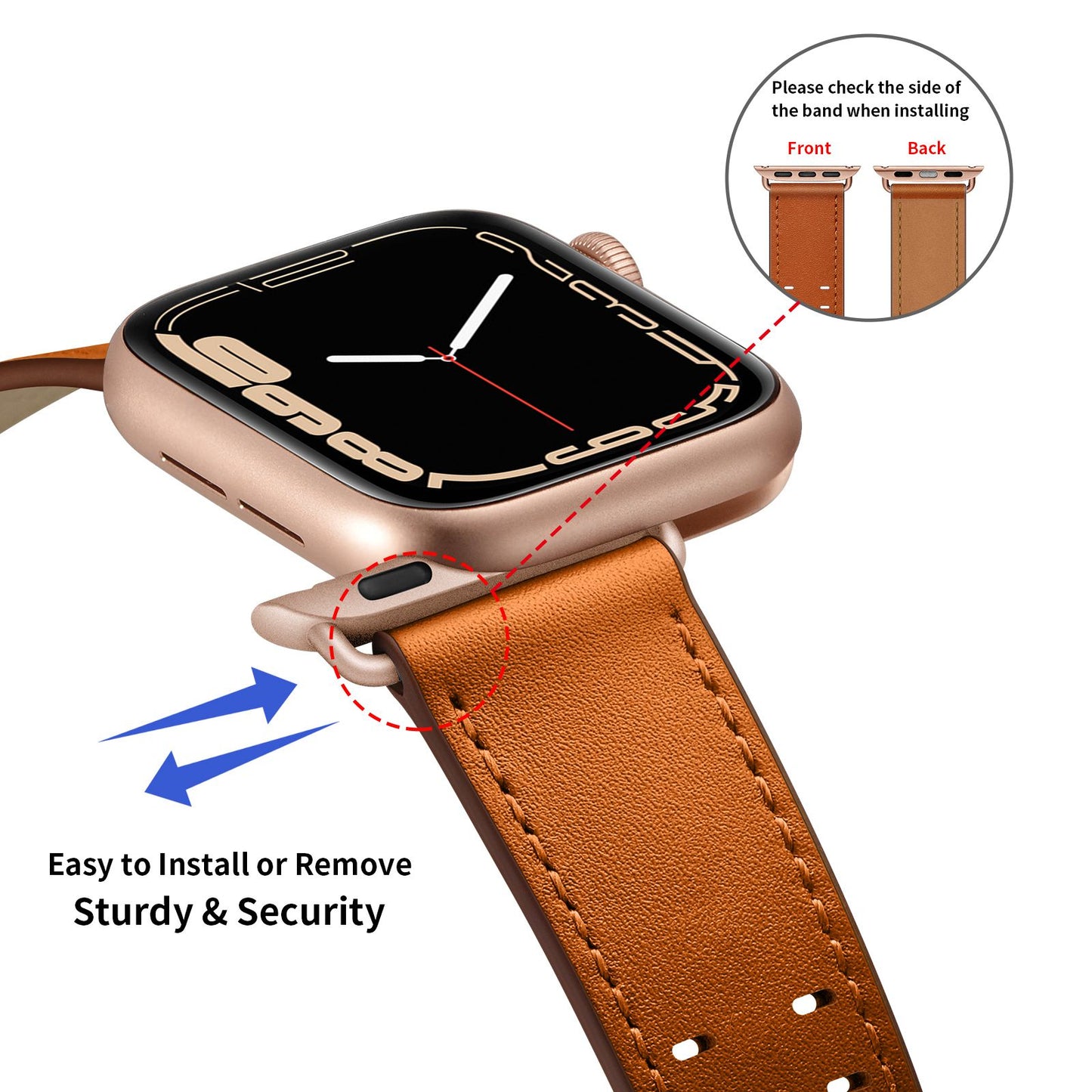 for Apple Watch Ultra 49mm / Series 8 45mm / Series 7 45mm / Series 6 / 5 / 4 / SE 44mm / SE (2022) 44mm / SE 44mm / Series 3 / 2 / 1 42mm Genuine Leather Watch Band Quick Release Strap Replacement - Brown / Rose Gold Buckle