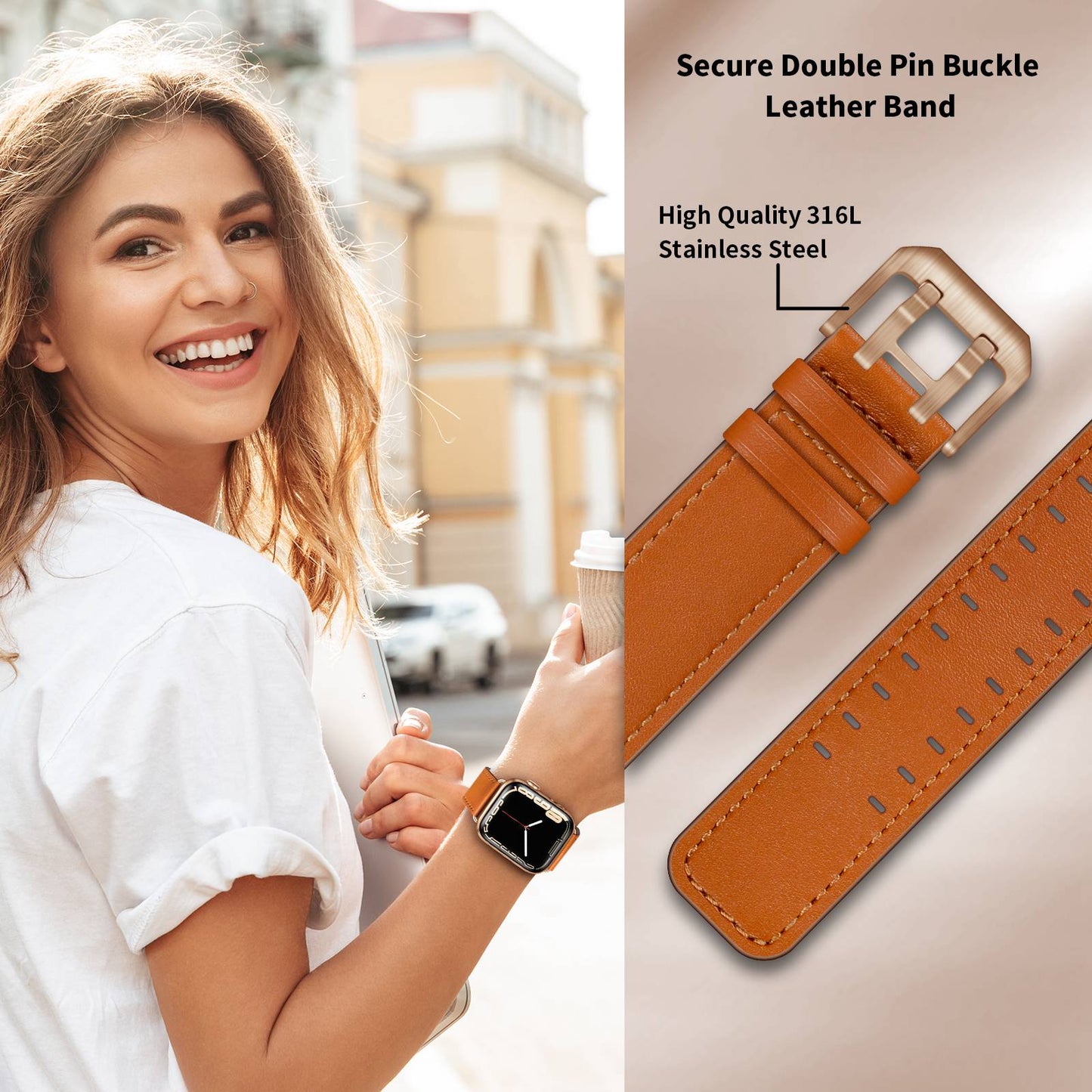 for Apple Watch Ultra 49mm / Series 8 45mm / Series 7 45mm / Series 6 / 5 / 4 / SE 44mm / SE (2022) 44mm / SE 44mm / Series 3 / 2 / 1 42mm Genuine Leather Watch Band Quick Release Strap Replacement - Brown / Rose Gold Buckle