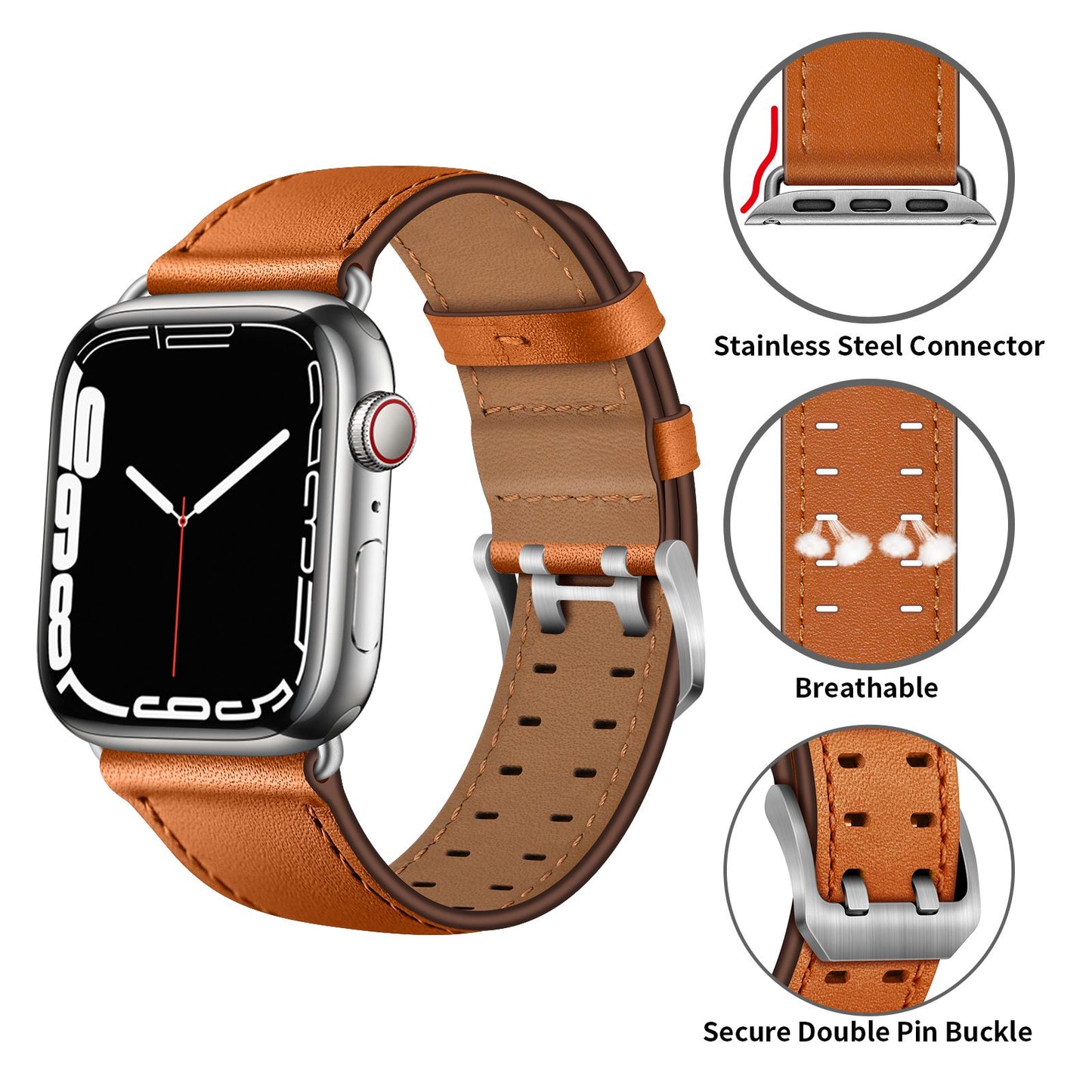for Apple Watch Ultra 49mm / Series 8 45mm / Series 7 45mm / Series 6 / 5 / 4 / SE 44mm / SE (2022) 44mm / SE 44mm / Series 3 / 2 / 1 42mm Genuine Leather Watch Band Quick Release Strap Replacement - Brown / Silver Buckle