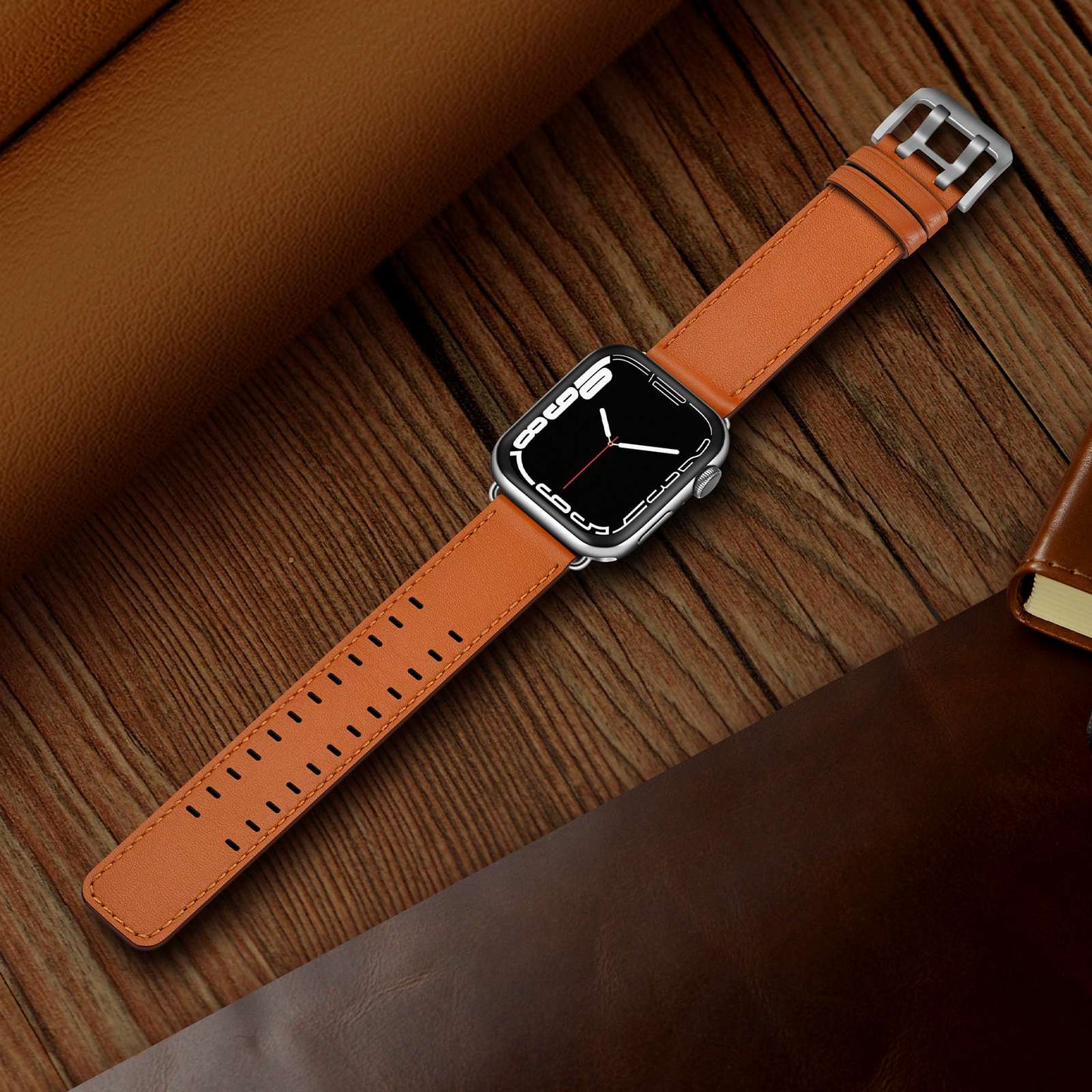 for Apple Watch Ultra 49mm / Series 8 45mm / Series 7 45mm / Series 6 / 5 / 4 / SE 44mm / SE (2022) 44mm / SE 44mm / Series 3 / 2 / 1 42mm Genuine Leather Watch Band Quick Release Strap Replacement - Brown / Silver Buckle