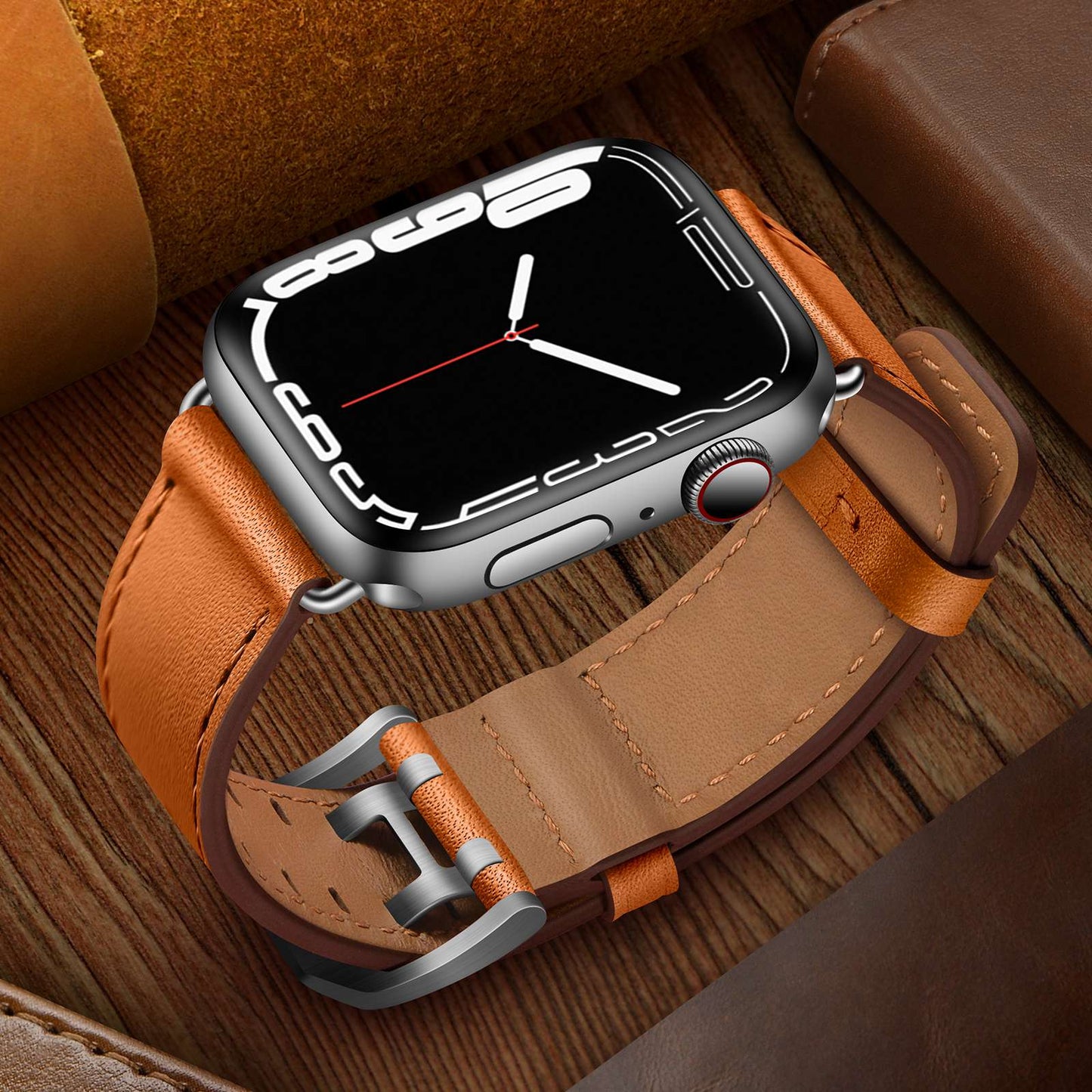 for Apple Watch Ultra 49mm / Series 8 45mm / Series 7 45mm / Series 6 / 5 / 4 / SE 44mm / SE (2022) 44mm / SE 44mm / Series 3 / 2 / 1 42mm Genuine Leather Watch Band Quick Release Strap Replacement - Brown / Silver Buckle