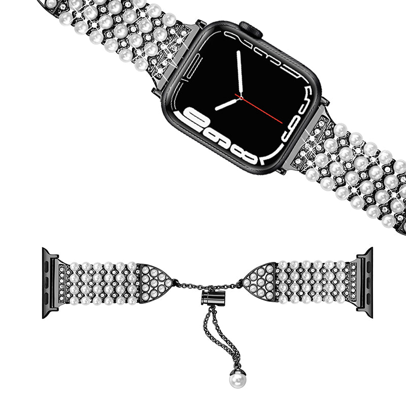 for Apple Watch Ultra 49mm / Series 8 45mm / 7 45mm / SE / SE (2022) 44mm / 4 / 5 / 6 44mm / 3 / 2 / 1 42mm Stylish Pearls Rhinestone Decor Bracelet Metal Watch Band Wrist Strap - Black