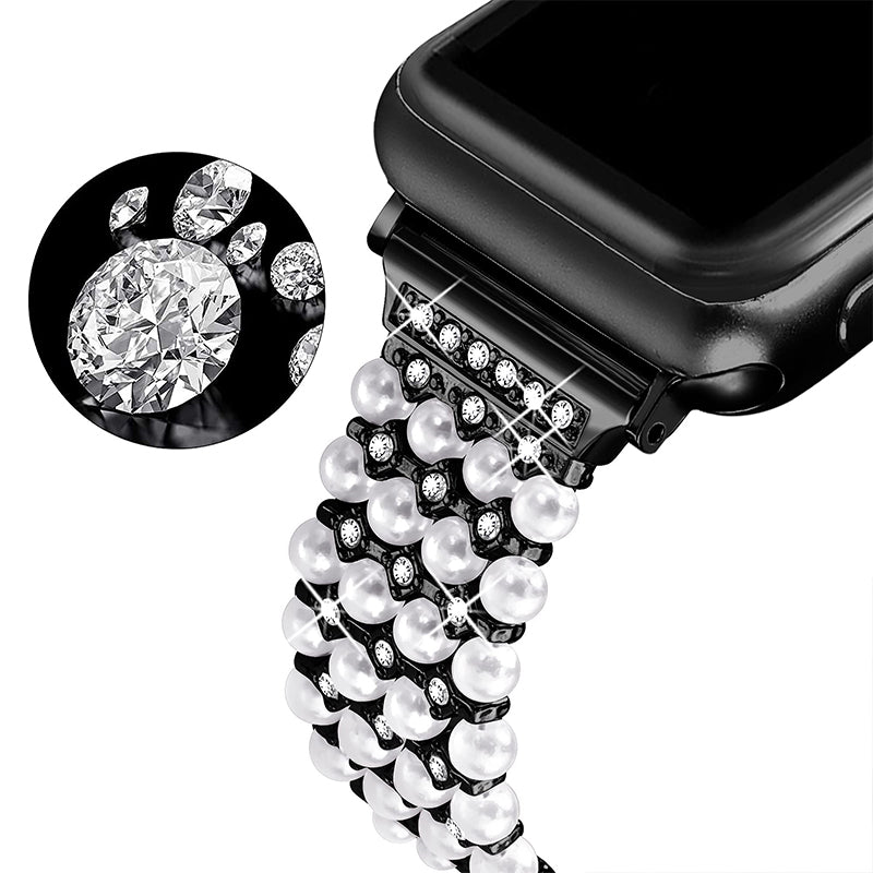 for Apple Watch Ultra 49mm / Series 8 45mm / 7 45mm / SE / SE (2022) 44mm / 4 / 5 / 6 44mm / 3 / 2 / 1 42mm Stylish Pearls Rhinestone Decor Bracelet Metal Watch Band Wrist Strap - Black