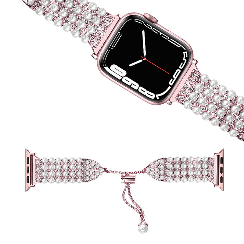 for Apple Watch Ultra 49mm / Series 8 45mm / 7 45mm / SE / SE (2022) 44mm / 4 / 5 / 6 44mm / 3 / 2 / 1 42mm Stylish Pearls Rhinestone Decor Bracelet Metal Watch Band Wrist Strap - Rose Pink
