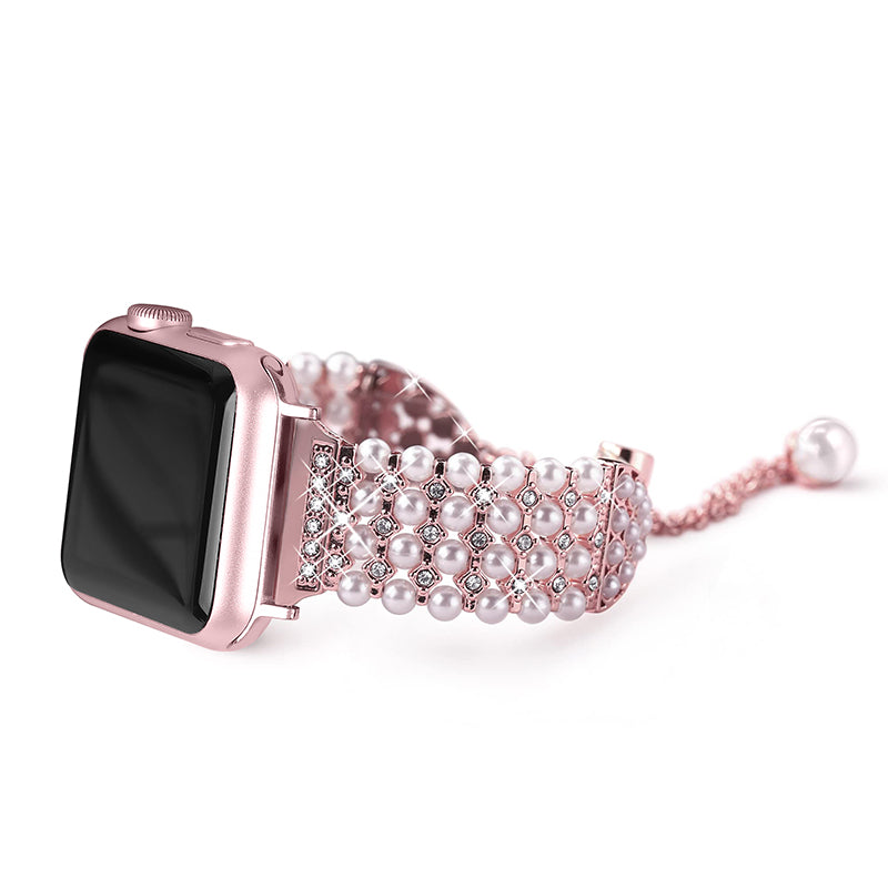 for Apple Watch Ultra 49mm / Series 8 45mm / 7 45mm / SE / SE (2022) 44mm / 4 / 5 / 6 44mm / 3 / 2 / 1 42mm Stylish Pearls Rhinestone Decor Bracelet Metal Watch Band Wrist Strap - Rose Pink