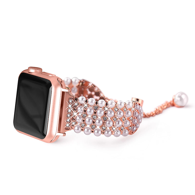for Apple Watch Ultra 49mm / Series 8 45mm / 7 45mm / SE / SE (2022) 44mm / 4 / 5 / 6 44mm / 3 / 2 / 1 42mm Stylish Pearls Rhinestone Decor Bracelet Metal Watch Band Wrist Strap - Rose Gold