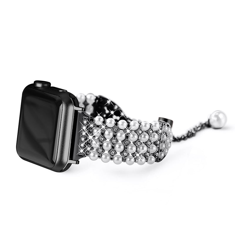 for Apple Watch Series 8 41mm / Series 7 41mm / SE / 4 / 5 / 6 40mm / 3 / 2 / 1 38mm Fashionable Pearls Rhinestone Decor Bracelet Metal Watch Band Replacement Wrist Strap - Black
