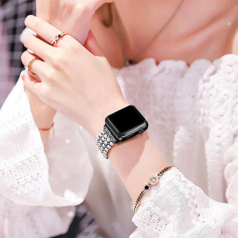 for Apple Watch Series 8 41mm / Series 7 41mm / SE / 4 / 5 / 6 40mm / 3 / 2 / 1 38mm Fashionable Pearls Rhinestone Decor Bracelet Metal Watch Band Replacement Wrist Strap - Black