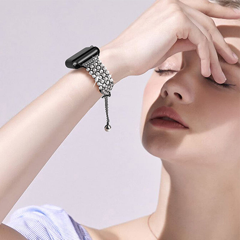 for Apple Watch Series 8 41mm / Series 7 41mm / SE / 4 / 5 / 6 40mm / 3 / 2 / 1 38mm Fashionable Pearls Rhinestone Decor Bracelet Metal Watch Band Replacement Wrist Strap - Black