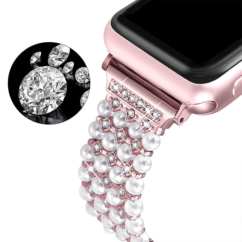 for Apple Watch Series 8 41mm / Series 7 41mm / SE / 4 / 5 / 6 40mm / 3 / 2 / 1 38mm Fashionable Pearls Rhinestone Decor Bracelet Metal Watch Band Replacement Wrist Strap - Rose Gold