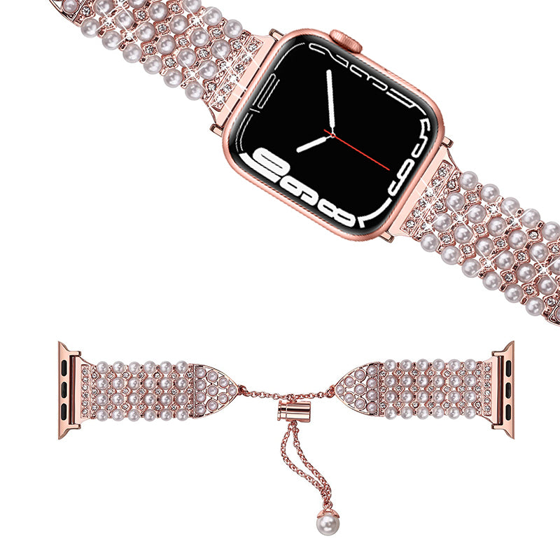 for Apple Watch Series 8 41mm / Series 7 41mm / SE / 4 / 5 / 6 40mm / 3 / 2 / 1 38mm Fashionable Pearls Rhinestone Decor Bracelet Metal Watch Band Replacement Wrist Strap - Rose Pink