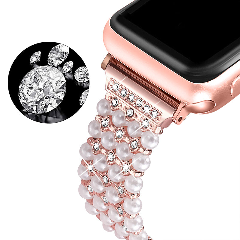 for Apple Watch Series 8 41mm / Series 7 41mm / SE / 4 / 5 / 6 40mm / 3 / 2 / 1 38mm Fashionable Pearls Rhinestone Decor Bracelet Metal Watch Band Replacement Wrist Strap - Rose Pink