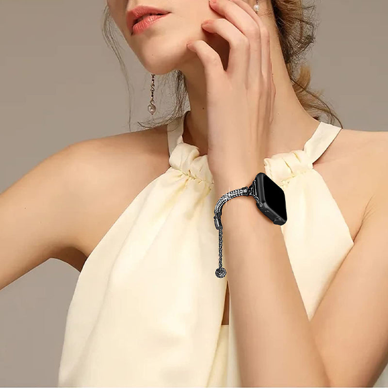 for Apple Watch Ultra 49mm / Series 8 45mm / 7 45mm / SE / SE (2022) 44mm / 4 / 5 / 6 44mm / 3 / 2 / 1 42mm Rhinestone Decor Bracelet Metal Watch Band Wrist Strap Replacement - Black