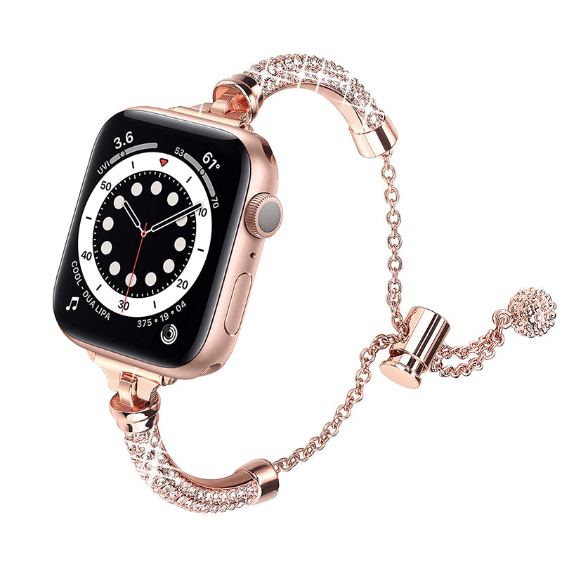 for Apple Watch Ultra 49mm / Series 8 45mm / 7 45mm / SE / SE (2022) 44mm / 4 / 5 / 6 44mm / 3 / 2 / 1 42mm Rhinestone Decor Bracelet Metal Watch Band Wrist Strap Replacement - Rose Gold