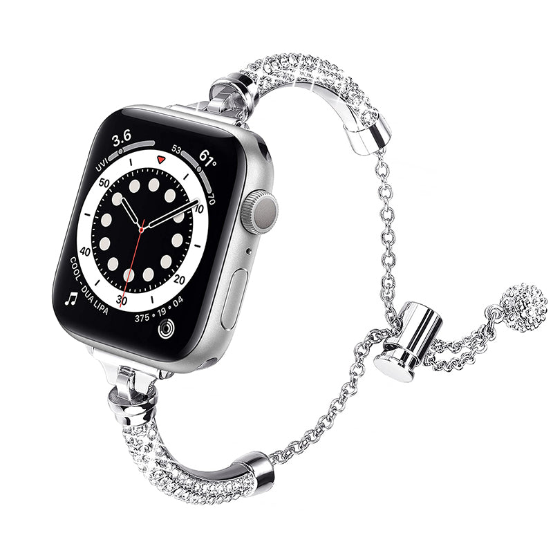 for Apple Watch Ultra 49mm / Series 8 45mm / 7 45mm / SE / SE (2022) 44mm / 4 / 5 / 6 44mm / 3 / 2 / 1 42mm Rhinestone Decor Anti-sweat Stylish Bracelet Metal Watch Band Wrist Strap Replacement - Silver