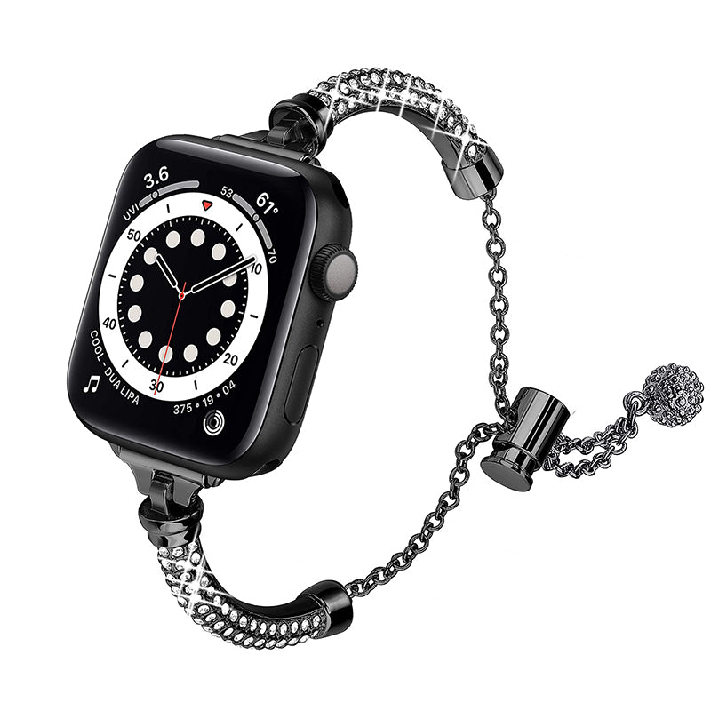 for Apple Watch Series 8 41mm / Series 7 41mm / SE / 4 / 5 / 6 40mm / 3 / 2 / 1 38mm Stylish Bracelet Rhinestone Decor Metal Watch Band Wrist Strap Replacement - Black