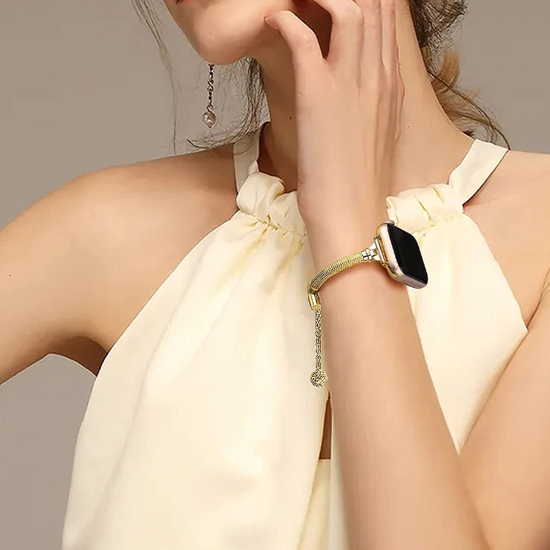 for Apple Watch Ultra 49mm / Series 8 45mm / 7 45mm / SE / SE (2022) 44mm / 4 / 5 / 6 44mm / 3 / 2 / 1 42mm Stylish Durable Bracelet Metal Smart Watch Band Wrist Strap Replacement - Gold