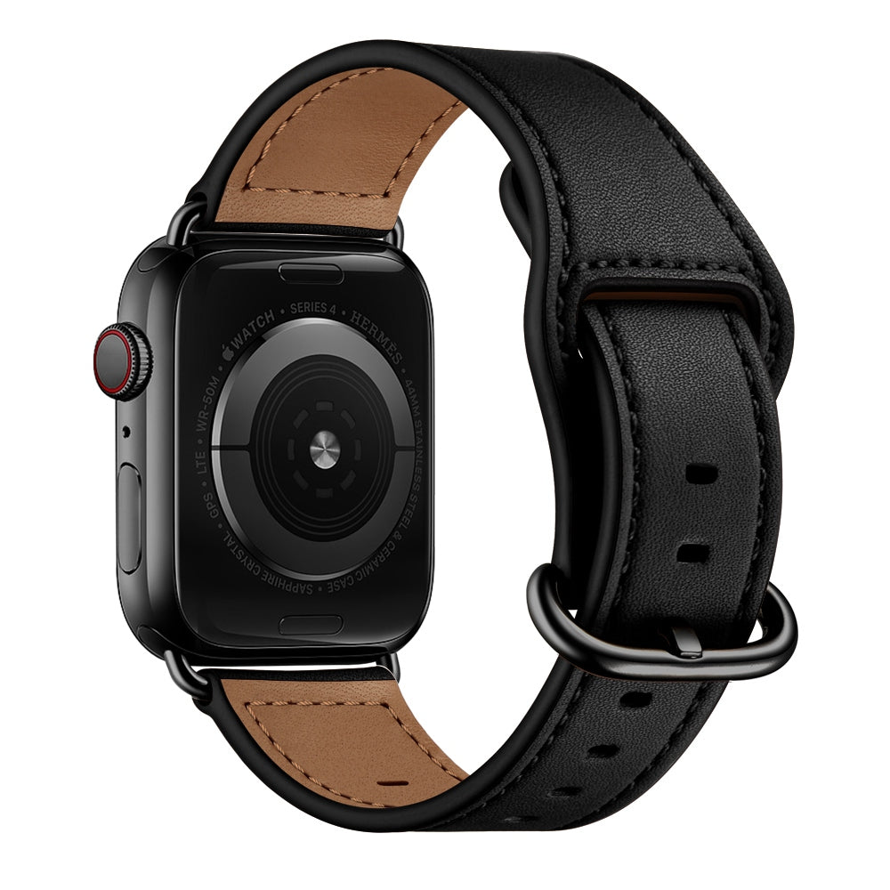 for Apple Watch Ultra 49mm / Series 8 45mm / 7 45mm / 6 / 5 / 4 / SE 44mm / SE (2022) 44mm / 3 / 2 / 1 42mm Textured Genuine Leather Watch Band Adjustable Wrist Strap Replacement - Black / Pin Texture / Black