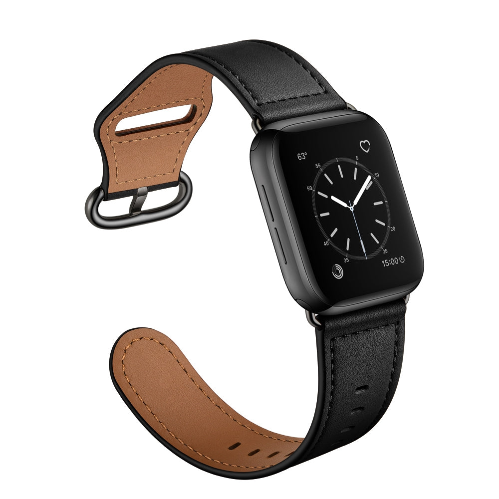 for Apple Watch Ultra 49mm / Series 8 45mm / 7 45mm / 6 / 5 / 4 / SE 44mm / SE (2022) 44mm / 3 / 2 / 1 42mm Textured Genuine Leather Watch Band Adjustable Wrist Strap Replacement - Black / Pin Texture / Black