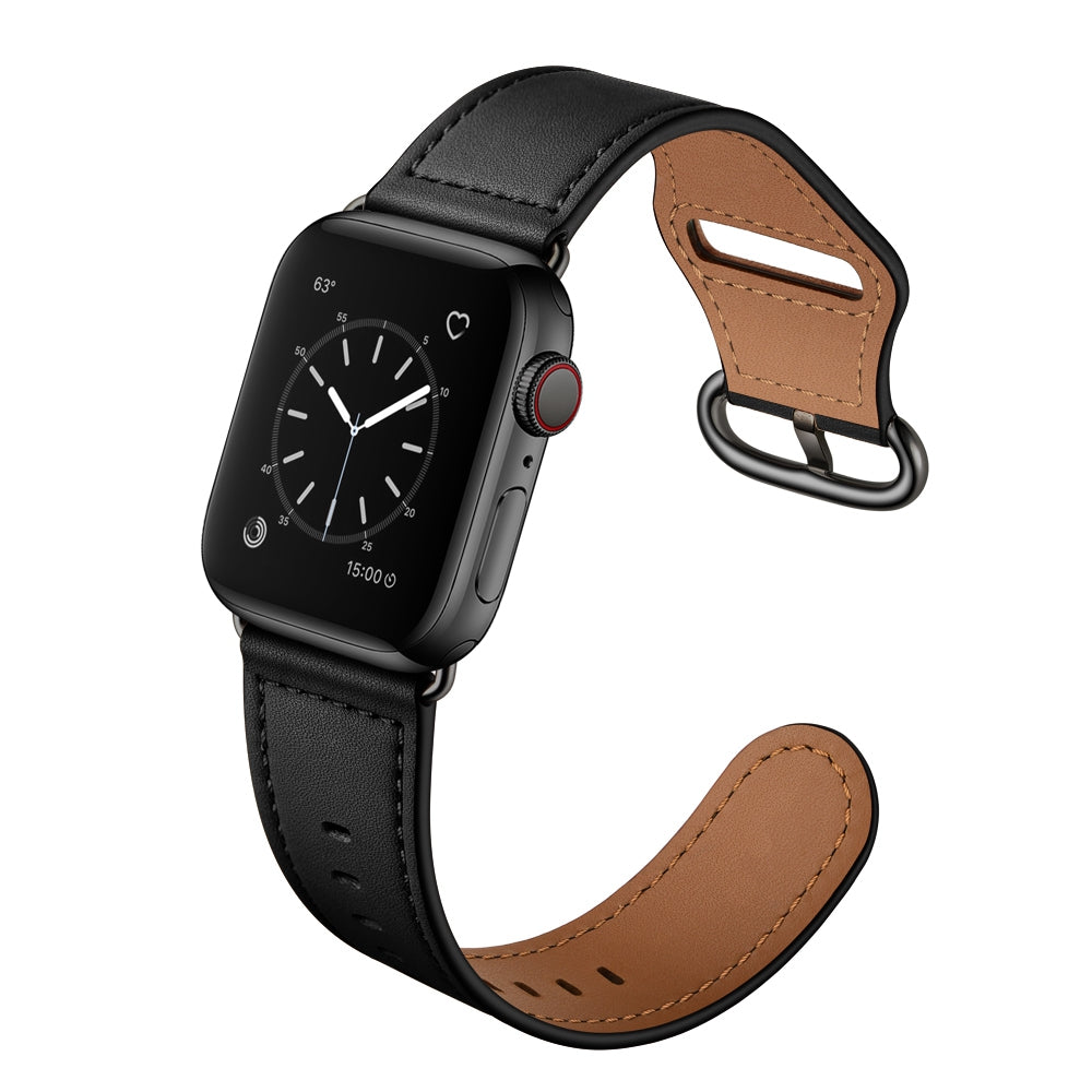 for Apple Watch Ultra 49mm / Series 8 45mm / 7 45mm / 6 / 5 / 4 / SE 44mm / SE (2022) 44mm / 3 / 2 / 1 42mm Textured Genuine Leather Watch Band Adjustable Wrist Strap Replacement - Black / Pin Texture / Black