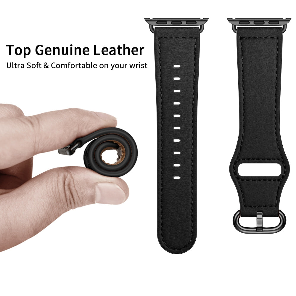 for Apple Watch Ultra 49mm / Series 8 45mm / 7 45mm / 6 / 5 / 4 / SE 44mm / SE (2022) 44mm / 3 / 2 / 1 42mm Textured Genuine Leather Watch Band Adjustable Wrist Strap Replacement - Black / Pin Texture / Black