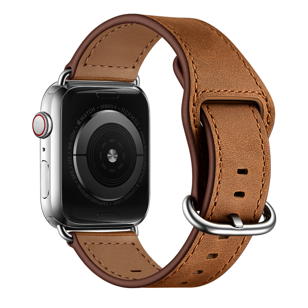 for Apple Watch Ultra 49mm / Series 8 45mm / 7 45mm / 6 / 5 / 4 / SE 44mm / SE (2022) 44mm / 3 / 2 / 1 42mm Textured Genuine Leather Watch Band Adjustable Wrist Strap Replacement - Brown / Crazy Horse Texture / Silver