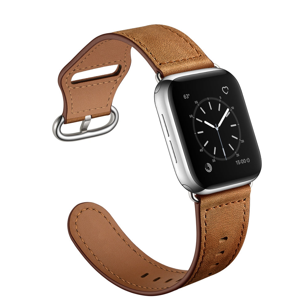 for Apple Watch Ultra 49mm / Series 8 45mm / 7 45mm / 6 / 5 / 4 / SE 44mm / SE (2022) 44mm / 3 / 2 / 1 42mm Textured Genuine Leather Watch Band Adjustable Wrist Strap Replacement - Brown / Crazy Horse Texture / Silver
