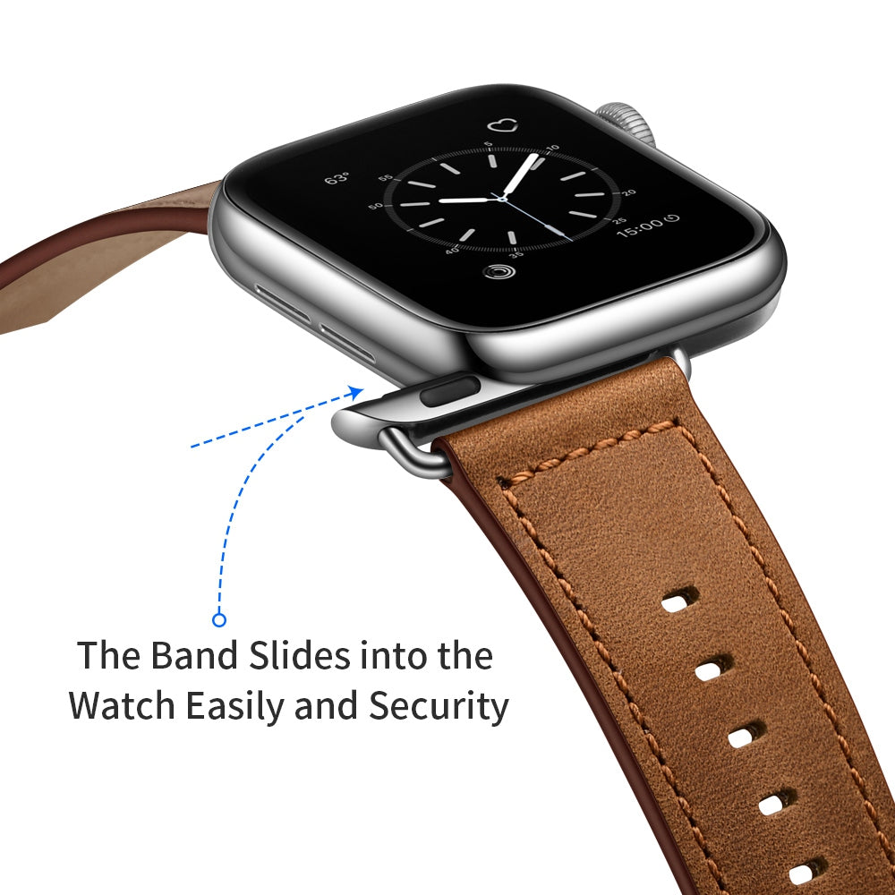for Apple Watch Ultra 49mm / Series 8 45mm / 7 45mm / 6 / 5 / 4 / SE 44mm / SE (2022) 44mm / 3 / 2 / 1 42mm Textured Genuine Leather Watch Band Adjustable Wrist Strap Replacement - Brown / Crazy Horse Texture / Silver