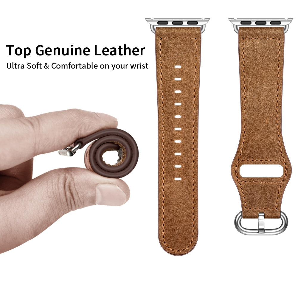 for Apple Watch Ultra 49mm / Series 8 45mm / 7 45mm / 6 / 5 / 4 / SE 44mm / SE (2022) 44mm / 3 / 2 / 1 42mm Textured Genuine Leather Watch Band Adjustable Wrist Strap Replacement - Brown / Crazy Horse Texture / Silver