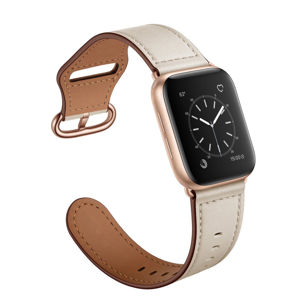 for Apple Watch Ultra 49mm / Series 8 45mm / 7 45mm / 6 / 5 / 4 / SE 44mm / SE (2022) 44mm / 3 / 2 / 1 42mm Textured Genuine Leather Watch Band Adjustable Wrist Strap Replacement - Beige / Pin Texture / Rose Gold