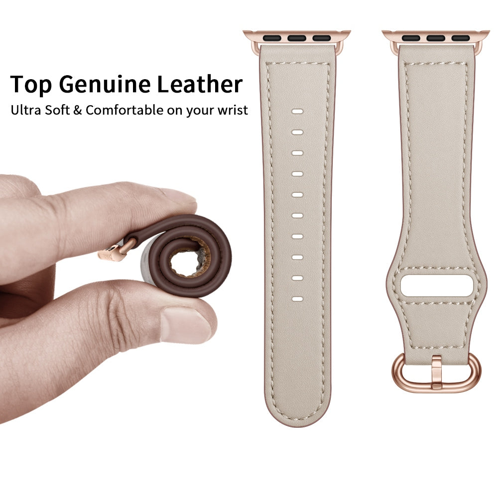 for Apple Watch Ultra 49mm / Series 8 45mm / 7 45mm / 6 / 5 / 4 / SE 44mm / SE (2022) 44mm / 3 / 2 / 1 42mm Textured Genuine Leather Watch Band Adjustable Wrist Strap Replacement - Beige / Pin Texture / Rose Gold